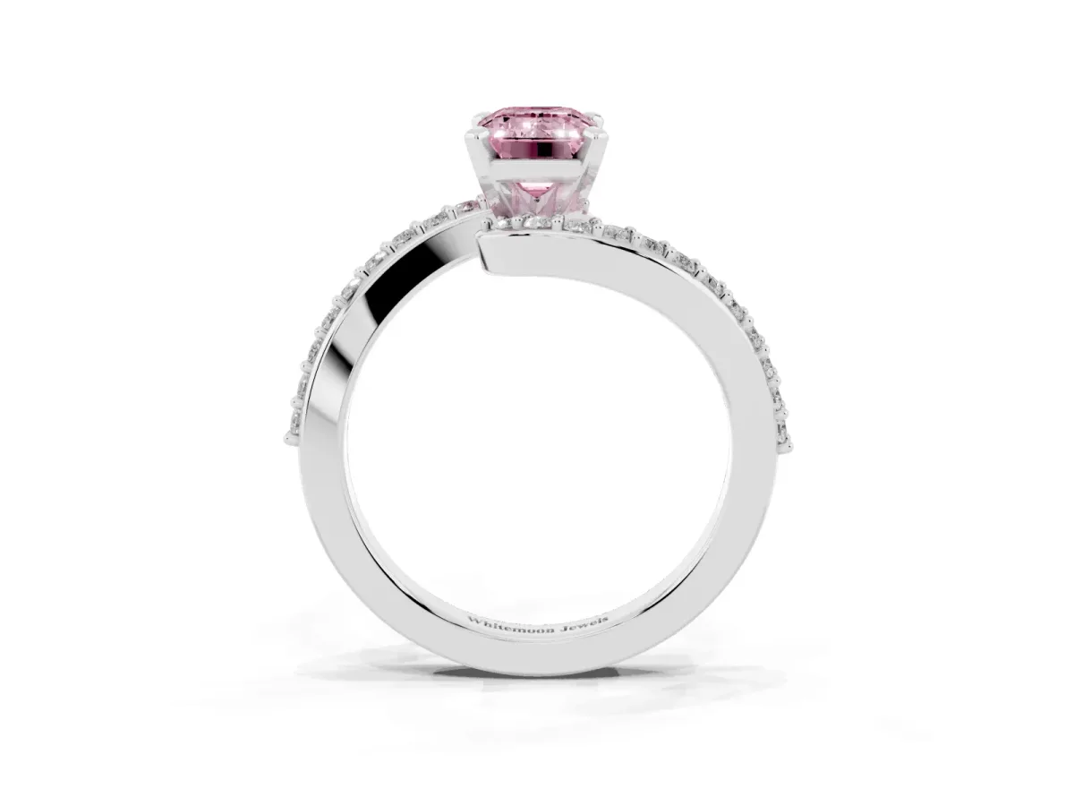 Fancy Pink Emerald Cut Solitaire Twist Band with Pave Set Diamonds and Four-Prong Setting Silver