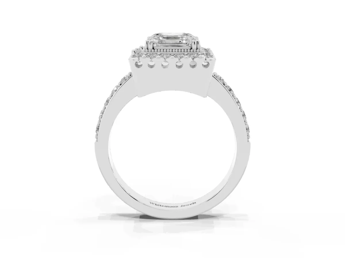 Asscher Cut Diamond Halo Ring with Pavé Band and Prong Setting Silver