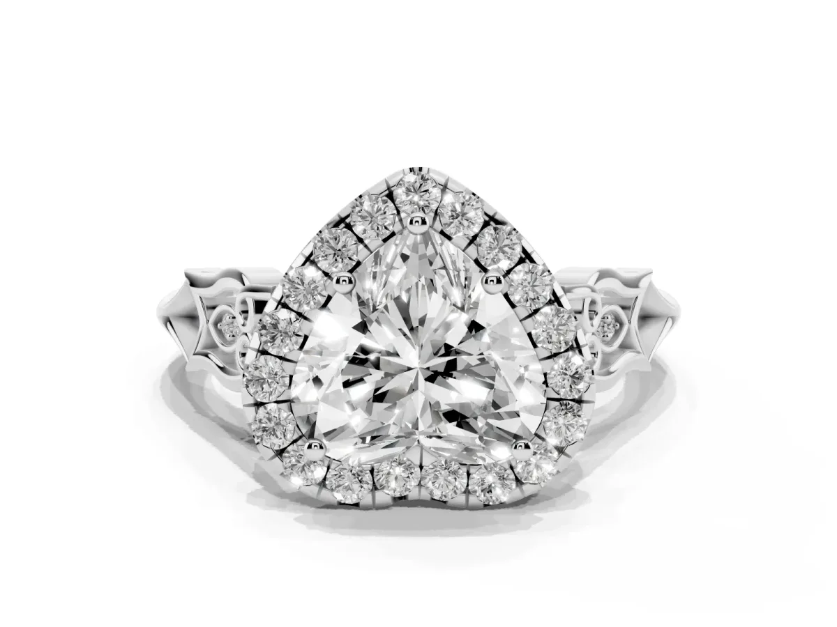 Heart Cut Halo Diamond Engagement Ring with Filigree Band and Four-Prong Setting Silver
