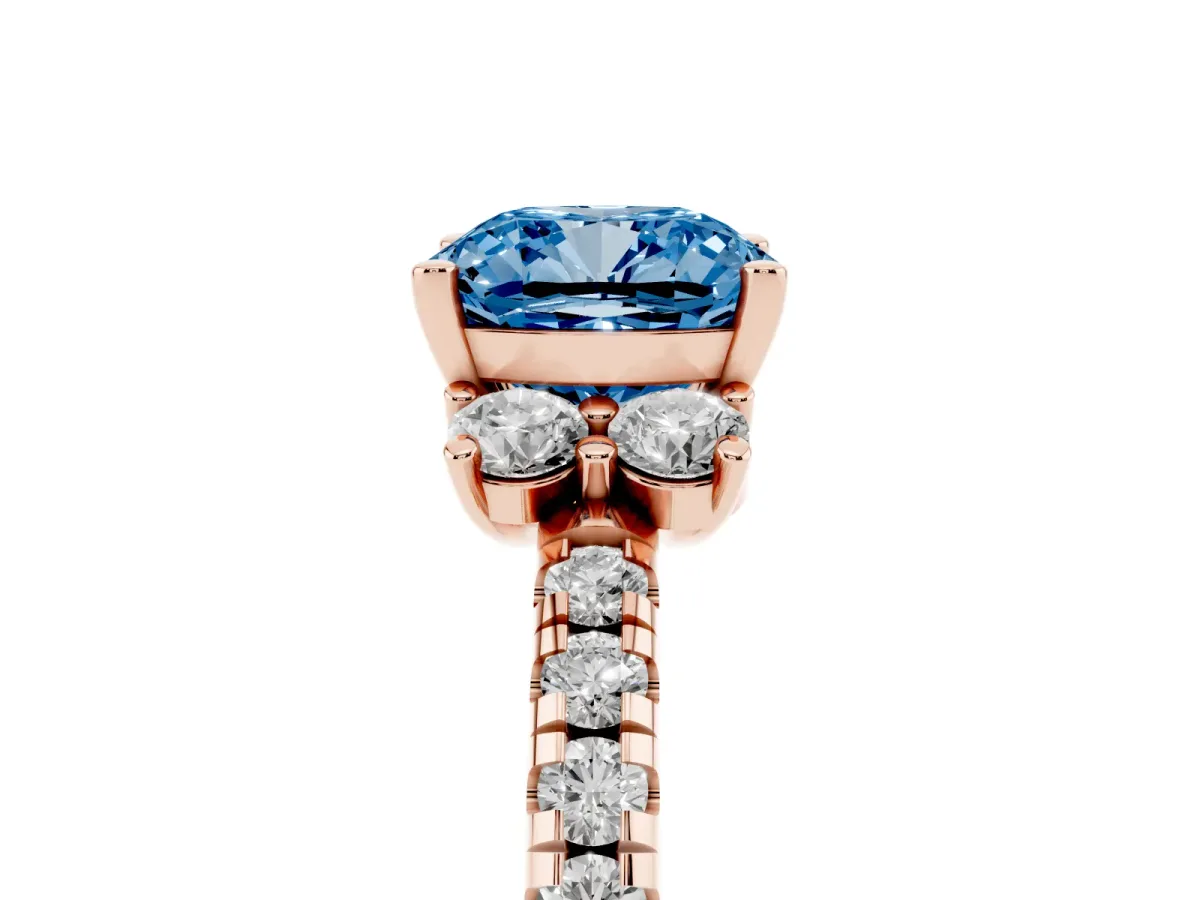 Fancy Blue Cushion Cut Diamond Three-Stone Pave Band with Four-Prong Setting Rose gold