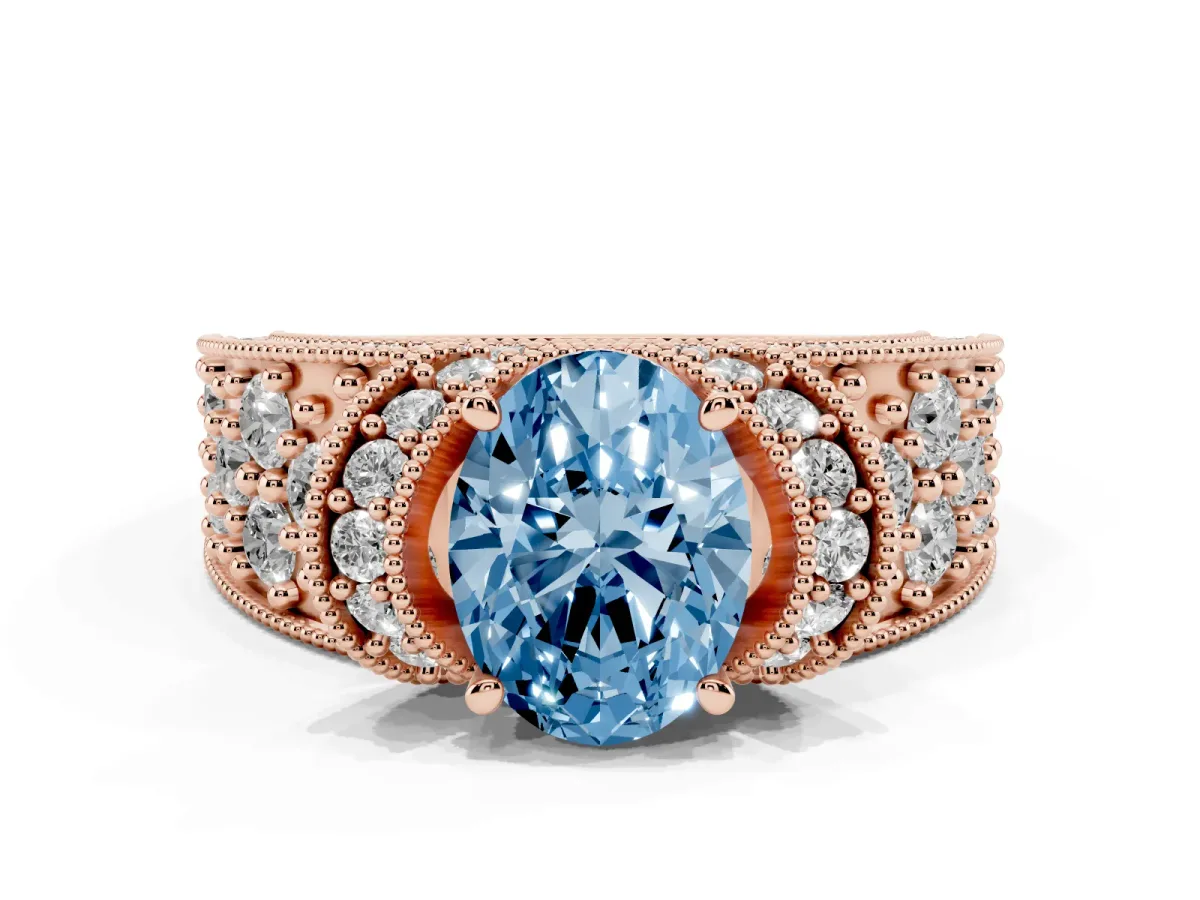 Fancy Blue Oval Cut Halo Pave Diamond Engagement Ring with Milgrain Detailing Rose gold