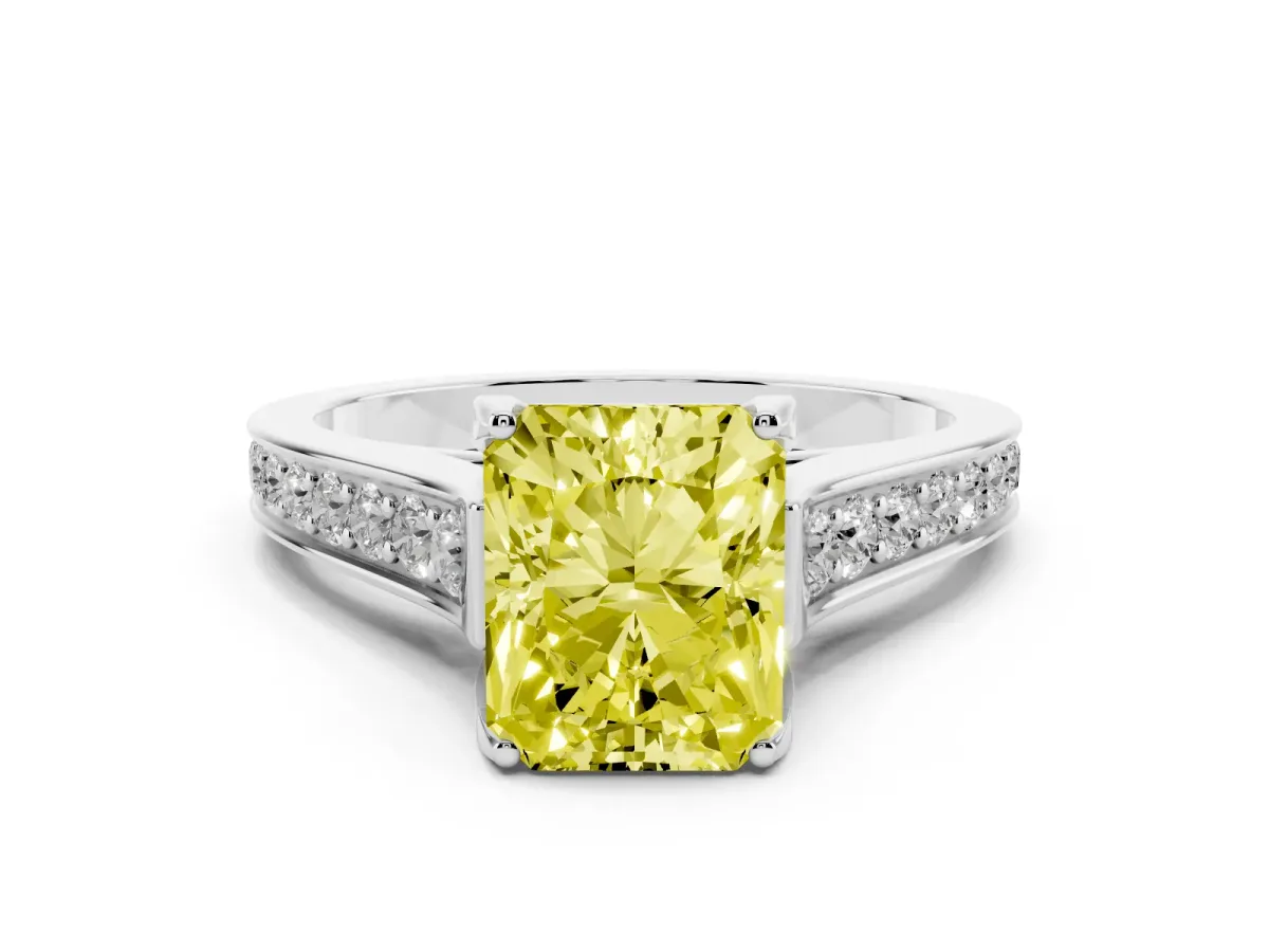 Fancy Yellow Radiant Cut Brilliant Cut Diamond Engagement Ring with Pavé Band and Four-Prong Setting White gold