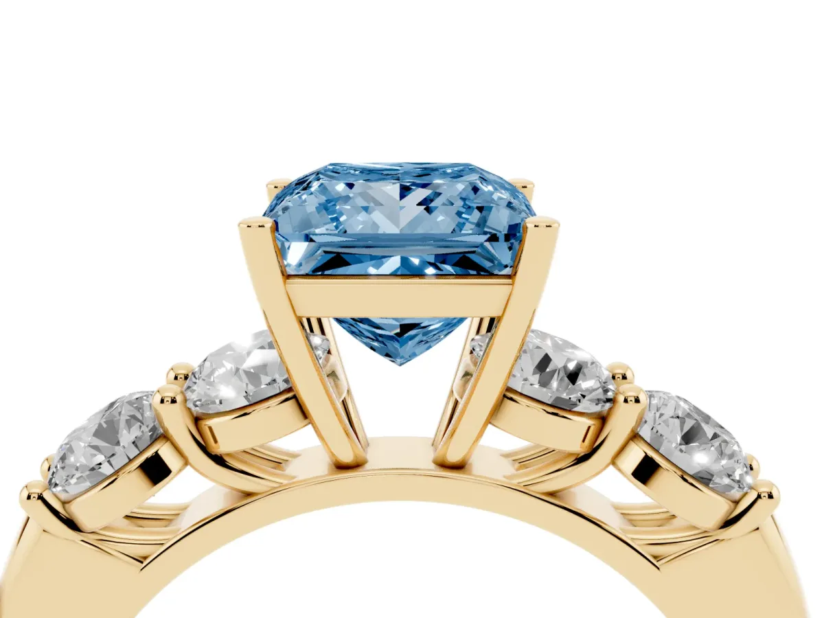 Fancy Blue Princess Cut Cut Five-Stone Prong Set Diamond Ring with Classic Band Yellow gold