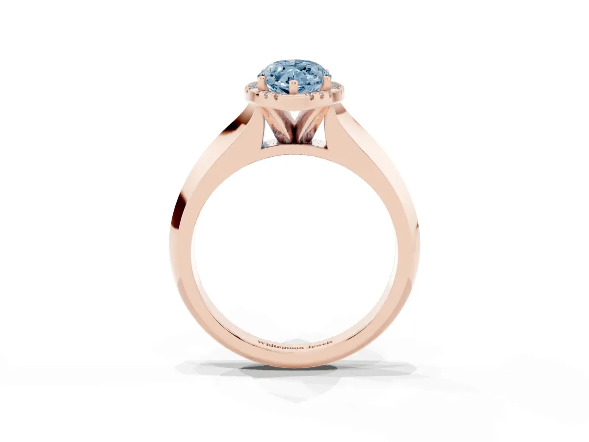 Fancy Blue Marquise Cut Halo Diamond Ring with Cathedral Band and Four-Prong Setting Rose gold