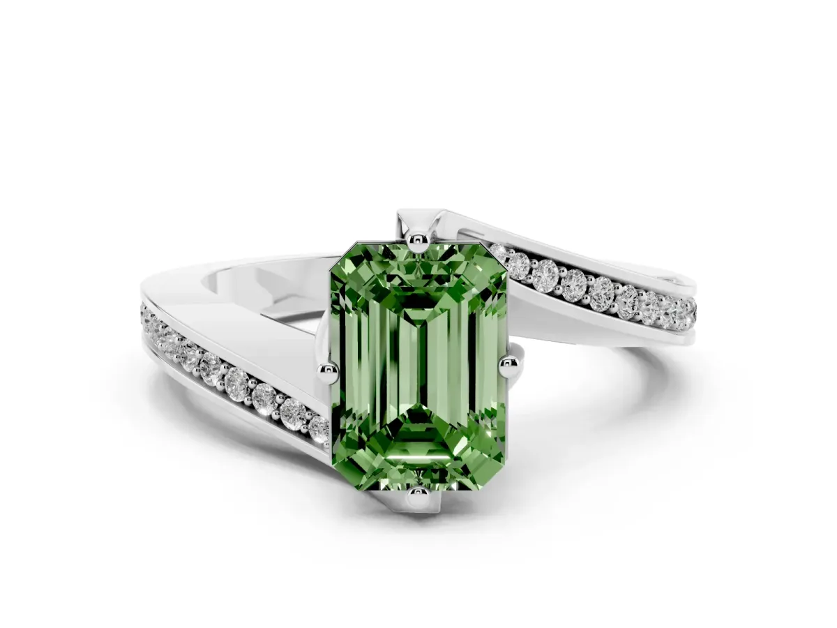 Fancy Green Emerald Cut Solitaire Diamond Twist Band with Pavé Setting and Four-Prong Setting Silver
