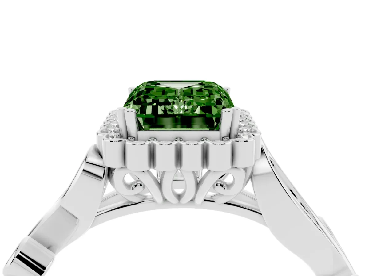 Fancy Green Emerald Cut Diamond Halo Ring with Vintage Split Shank and Four-Prong Setting Silver
