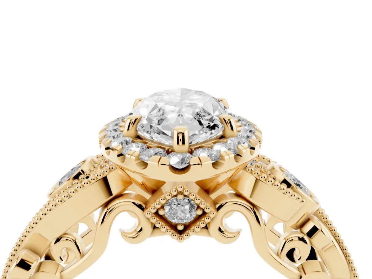 Marquise Cut Halo Diamond Ring with Milgrain and Bezel Accents on a Split Shank Band Yellow gold