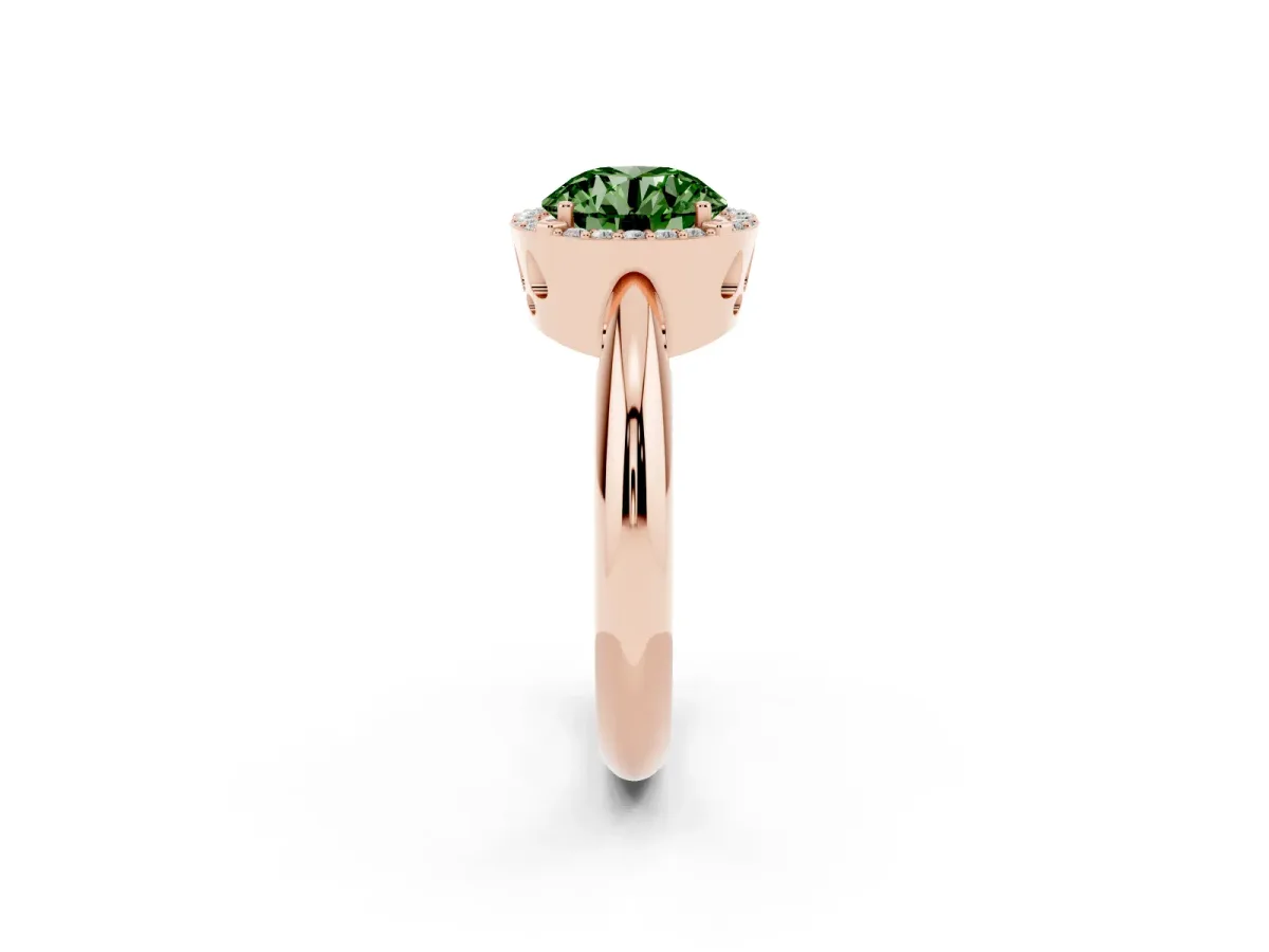 Fancy Green Round Cut Cut Diamond Halo Engagement Ring with Split Shank and Four-Prong Setting Rose gold