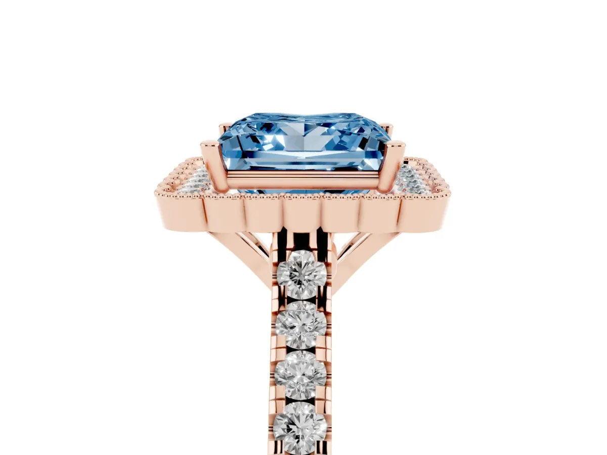 Fancy Blue Princess Cut Cut Diamond Milgrain Floral Halo Engagement Ring with Pavé Band Rose gold
