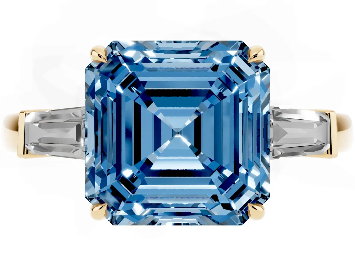 Fancy Blue Asscher Cut Diamond Three-Stone Ring with Tapered Baguette Side Stones and Prong Setting Yellow gold