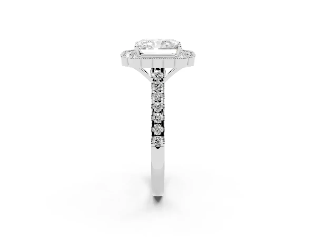 Radiant Cut Cut Diamond Milgrain Floral Halo Engagement Ring with Pavé Band Silver
