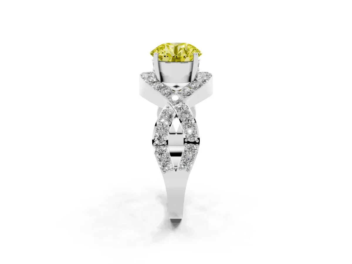 Fancy Yellow Round Cut Solitaire Twist Band Pavé Diamond Engagement Ring Silver