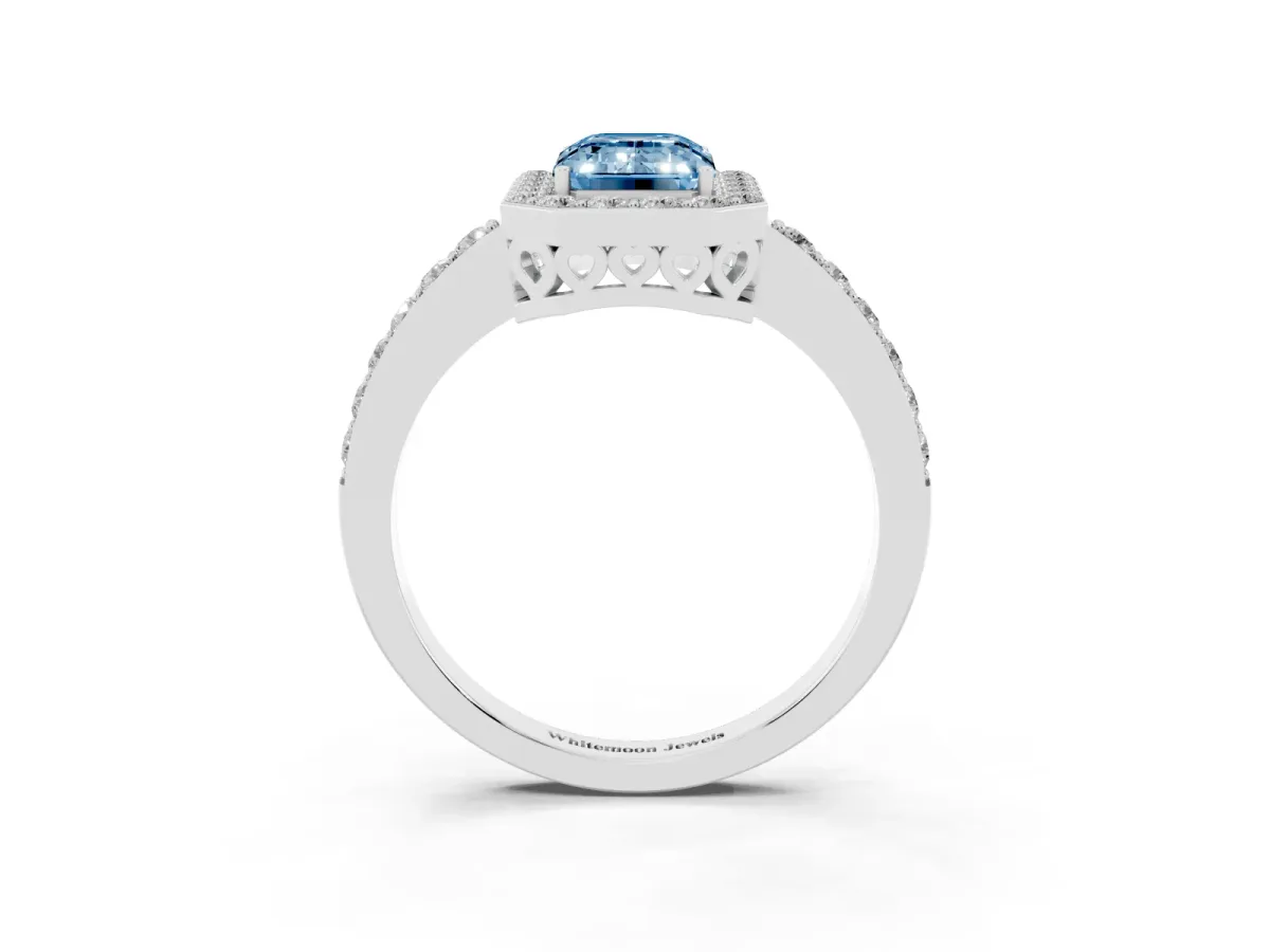 Fancy Blue Emerald Cut Halo Diamond Pavé Band Ring with Prong Setting Platinum
