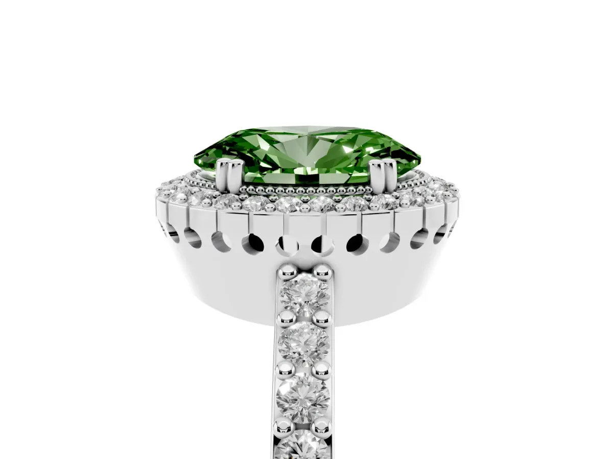 Fancy Green Oval Cut Cut Diamond Halo Engagement Ring with Milgrain Detail and Pavé Band Silver