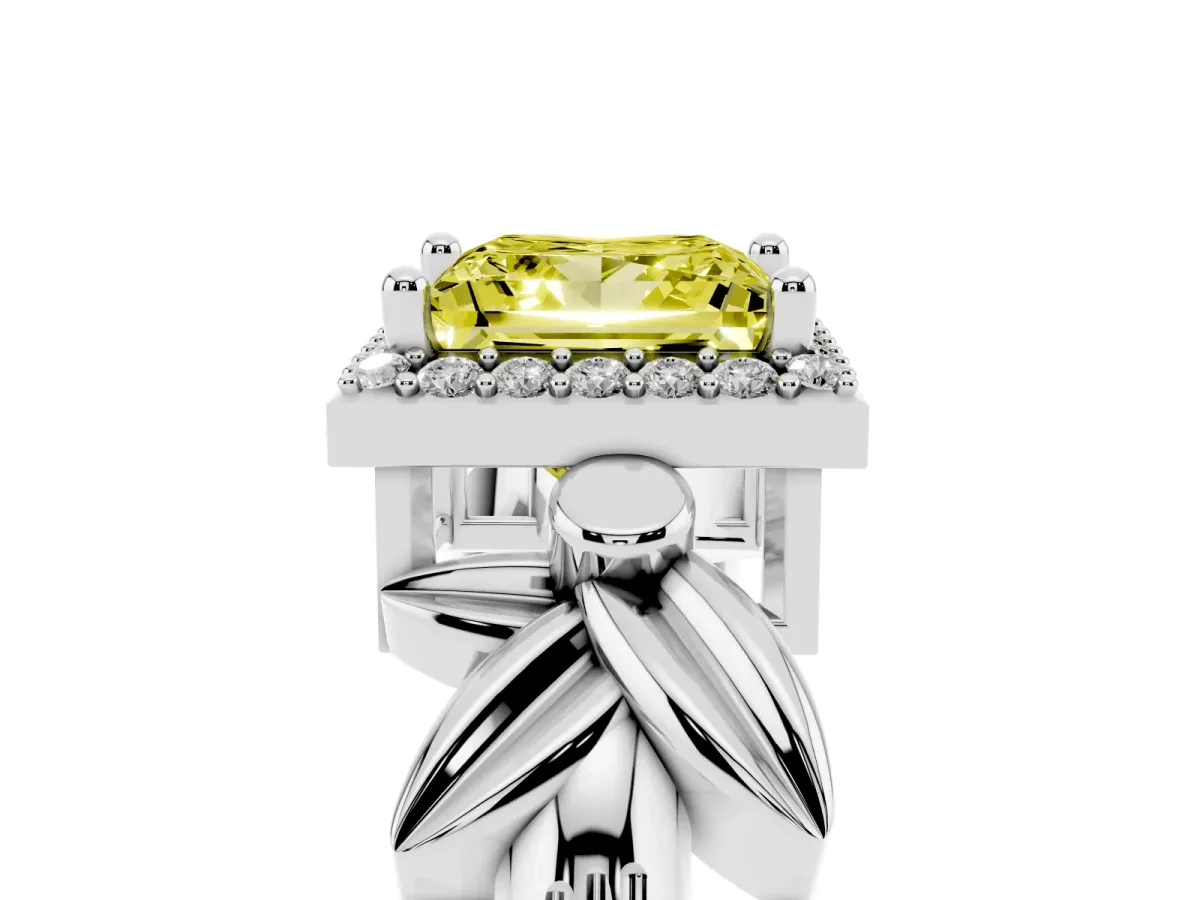 Fancy Yellow Princess Cut Halo Diamond Floral Band with Four-Prong Setting White gold