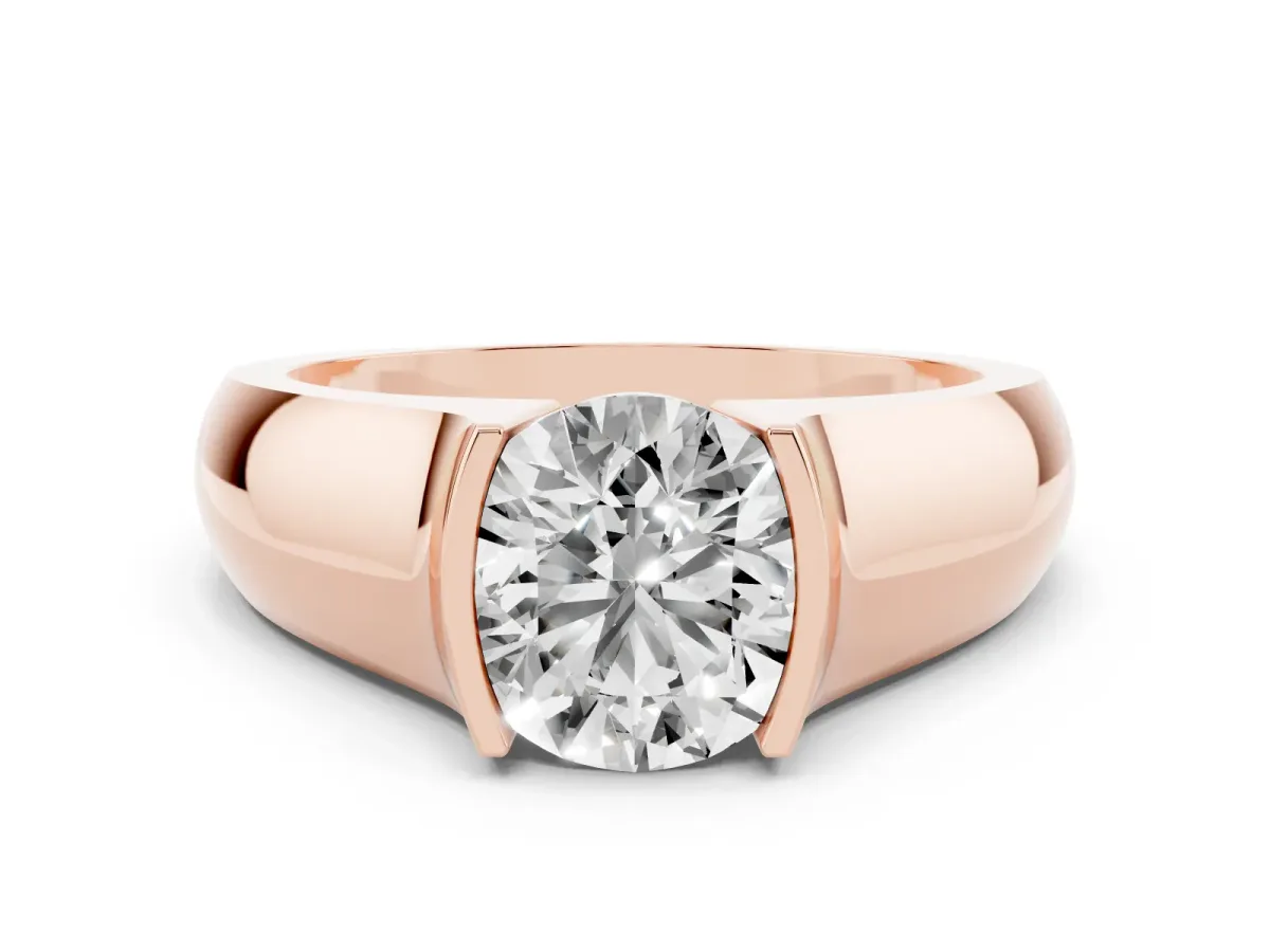 Round Cut Solitaire Bezel Set Diamond Ring with Wide Band Rose gold