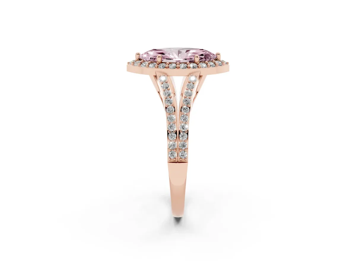 Fancy Pink Marquise Cut Halo Split Shank Pave Diamond Ring with Four-Prong Setting Rose gold
