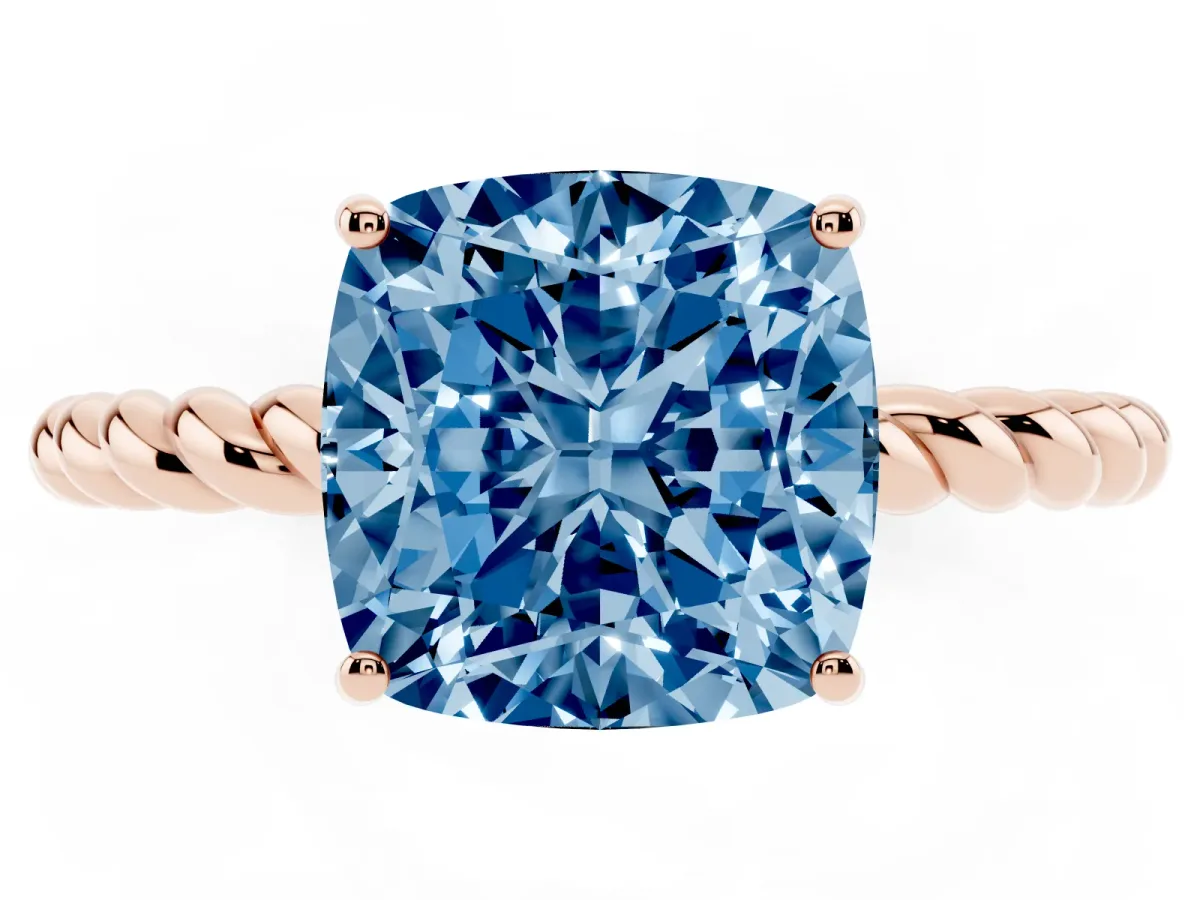 Fancy Blue Cushion Cut Solitaire Twisted Band 4-Prong Ring Rose gold