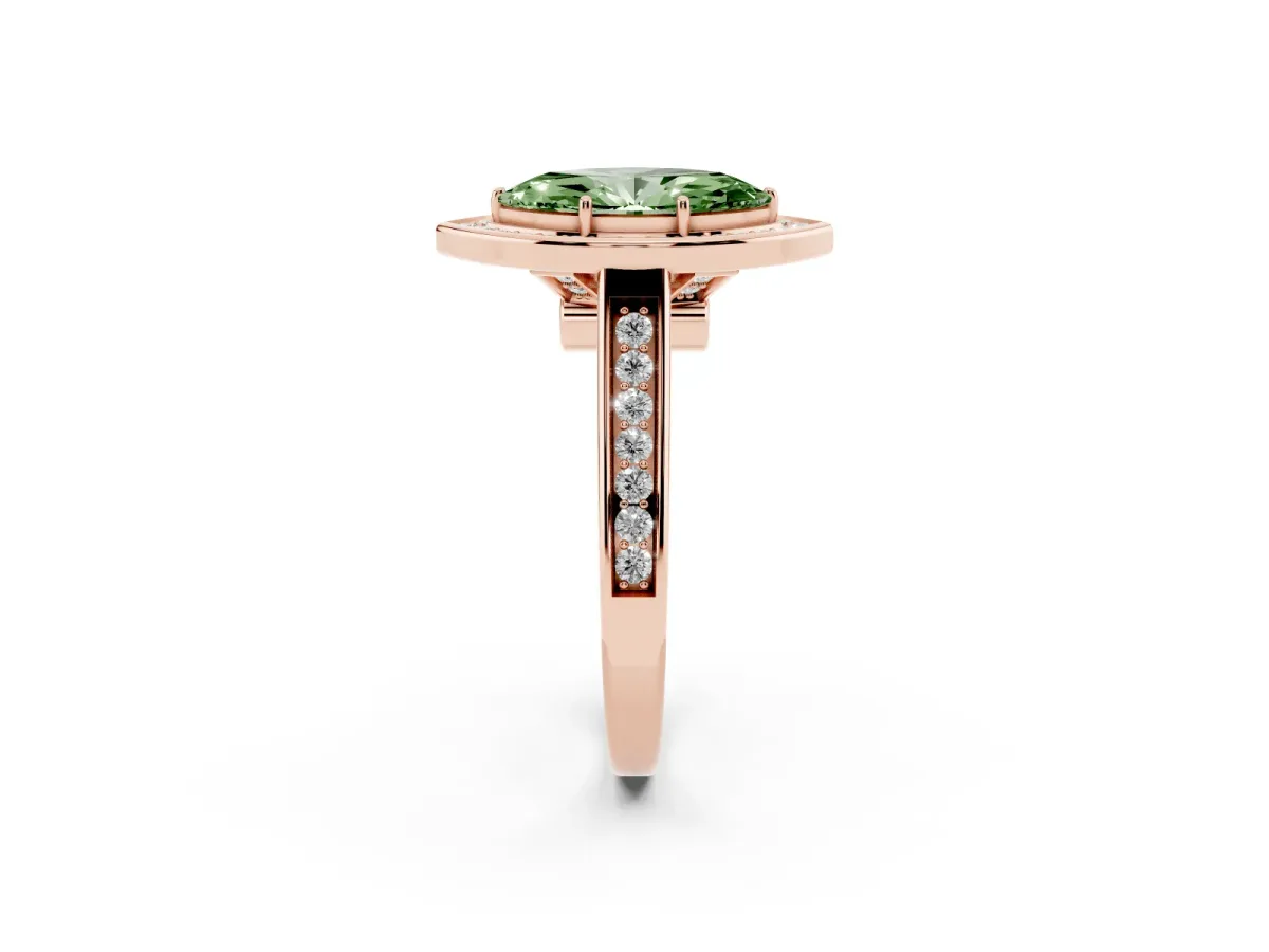 Fancy Green Marquise Cut Halo Solitaire Diamond Ring with Pave Band and Bezel Setting Rose gold