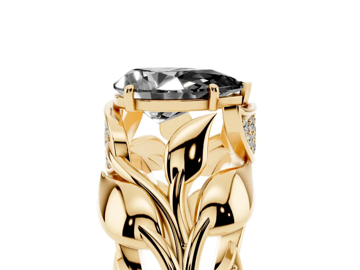 Fancy Black Pear Cut Diamond Leaf-Inspired Engagement Ring with Round Accents and Prong Setting Yellow gold