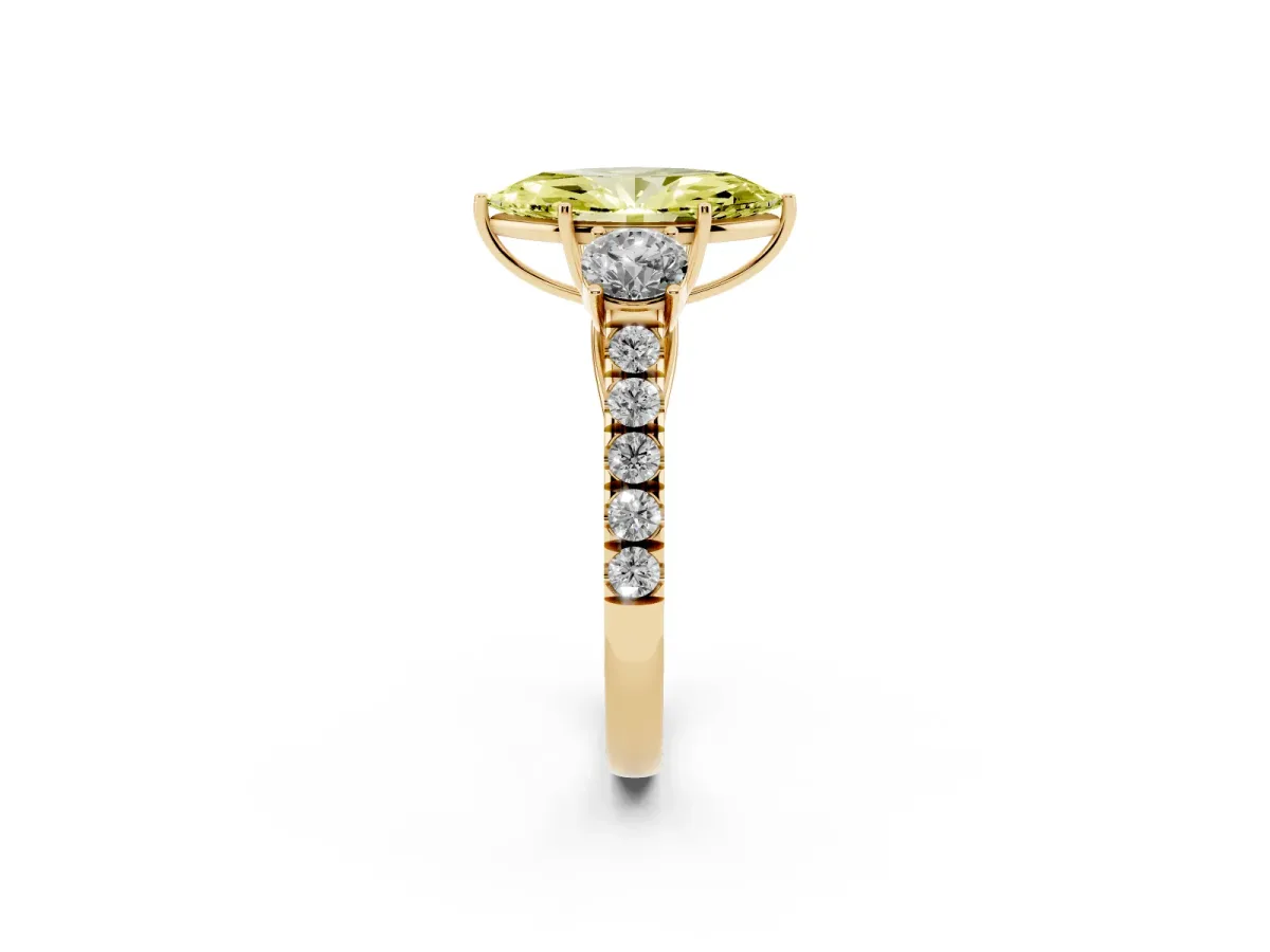 Fancy Yellow Marquise Cut Cut Diamond Three-Stone Ring with Round Side Stones and Pavé Band Yellow gold