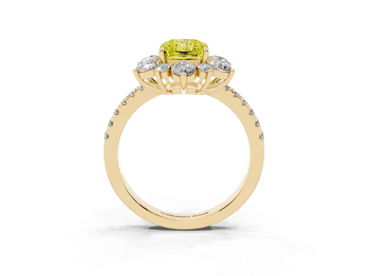 Fancy Yellow Radiant Cut Diamond Floral Halo Ring with Round Pavé Band and Prong Setting Yellow gold