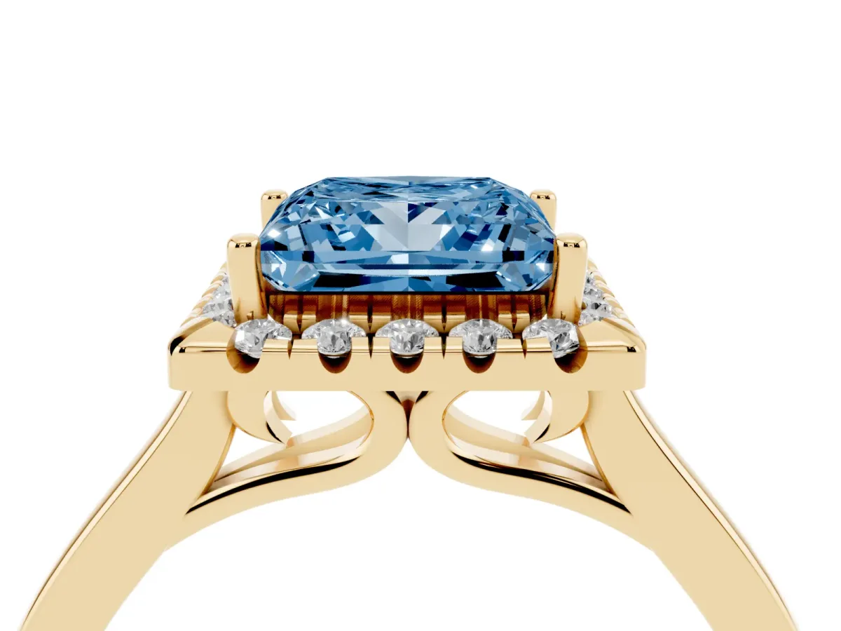 Fancy Blue Princess Cut Halo Round Diamond Solitaire Ring with Pavé Band and Four-Prong Setting Yellow gold