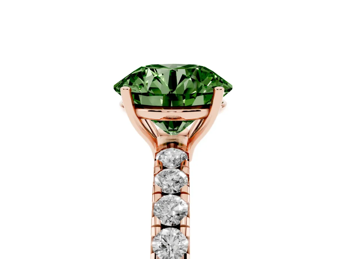 Fancy Green Round Cut Diamond Pavé Solitaire Engagement Ring with Four-Prong Setting Rose gold