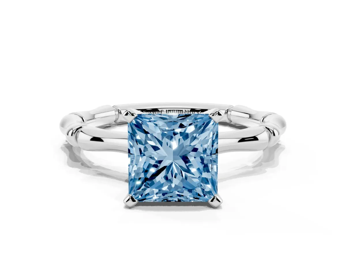 Fancy Blue Princess Cut Solitaire Diamond Ring with Bamboo Band and Four-Prong Setting Silver
