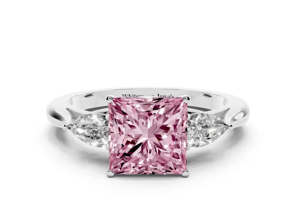 Fancy Pink Princess Cut Diamond Three-Stone Ring with Pear Side Stones and Prong Setting Silver