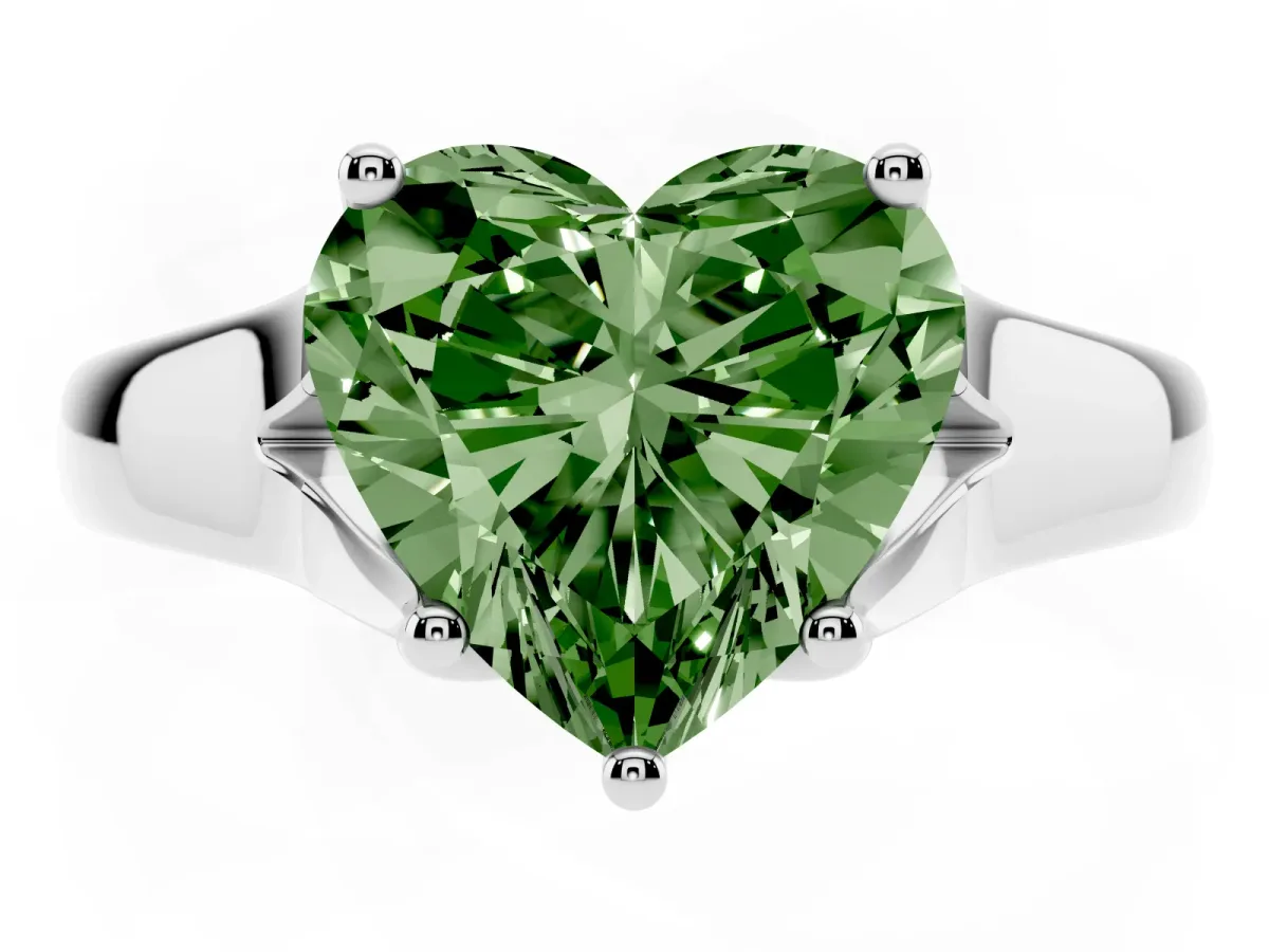 Fancy Green Heart Cut Solitaire Diamond Ring with Cathedral Band and Four-Prong Setting Silver