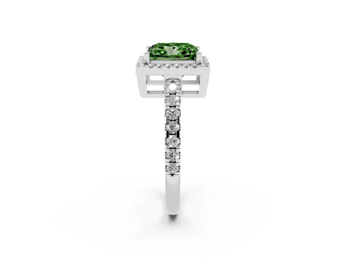 Fancy Green Princess Cut Diamond Halo Ring with Pavé Band and Four-Prong Setting Platinum