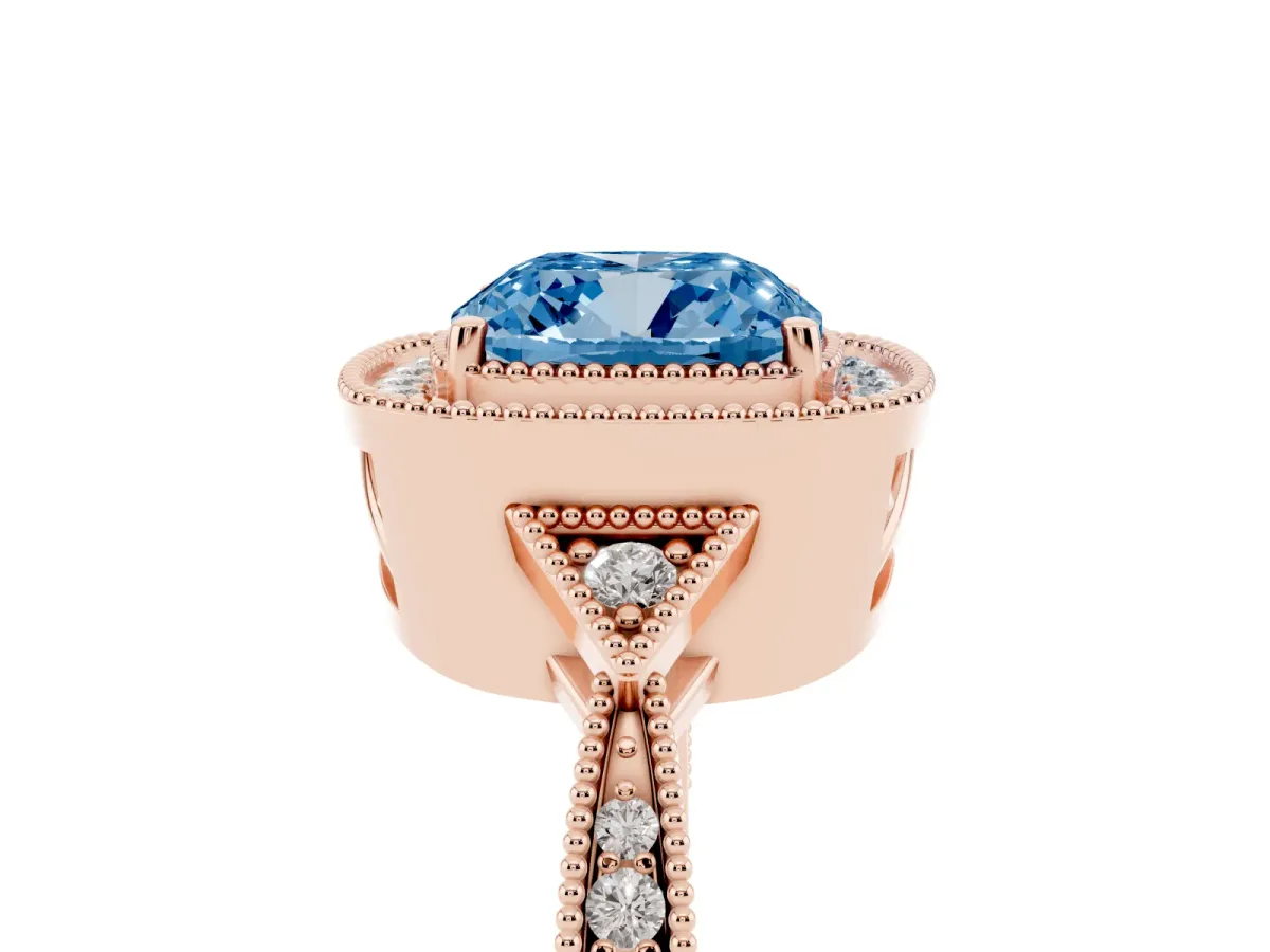 Fancy Blue Cushion Cut Halo Round Diamond Milgrain Pave Engagement Ring Rose gold