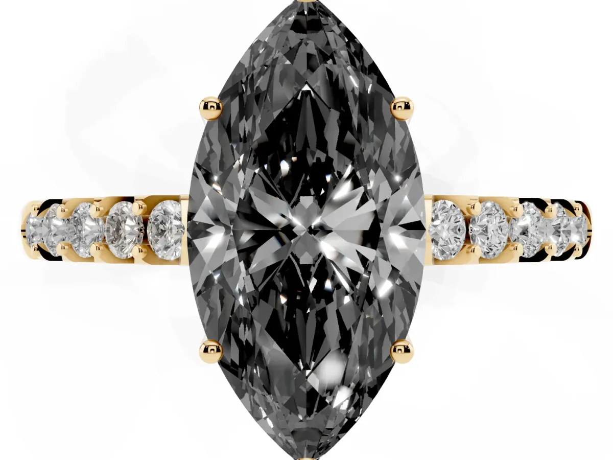 Fancy Black Marquise Cut Solitaire Diamond Engagement Ring with Pavé Band and Six-Prong Setting Yellow gold