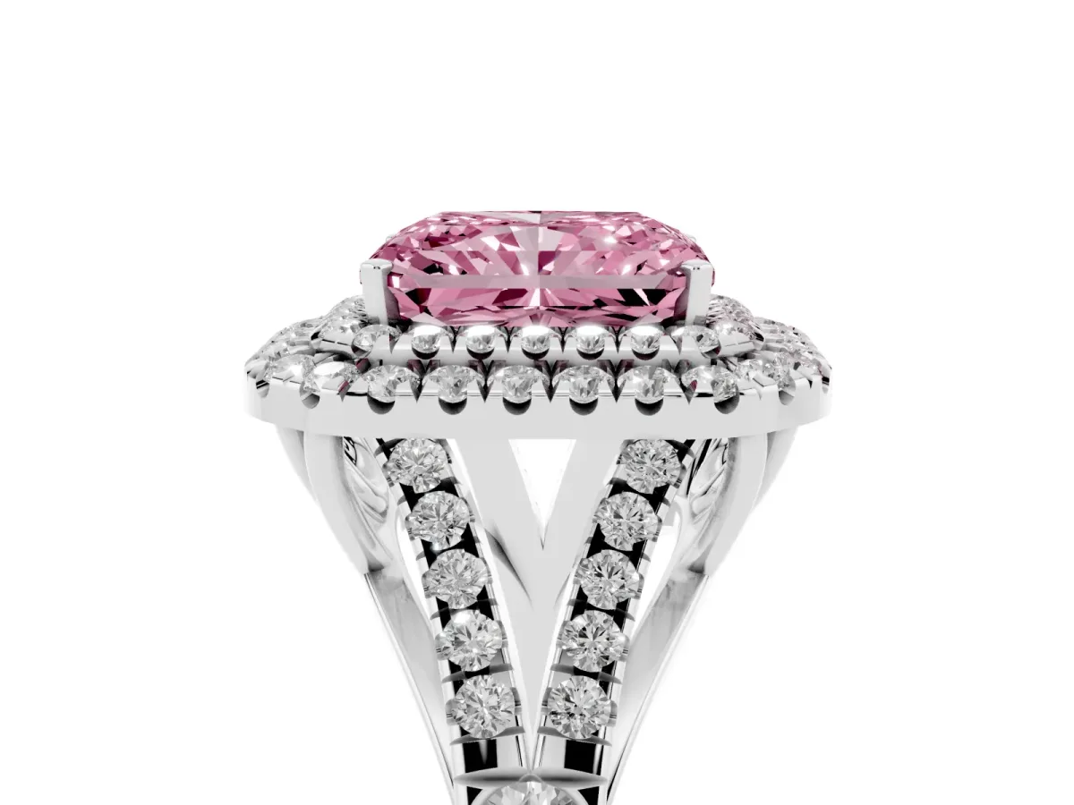 Fancy Pink Radiant Cut Diamond Double Halo Ring with Split Shank and Prong Setting Platinum