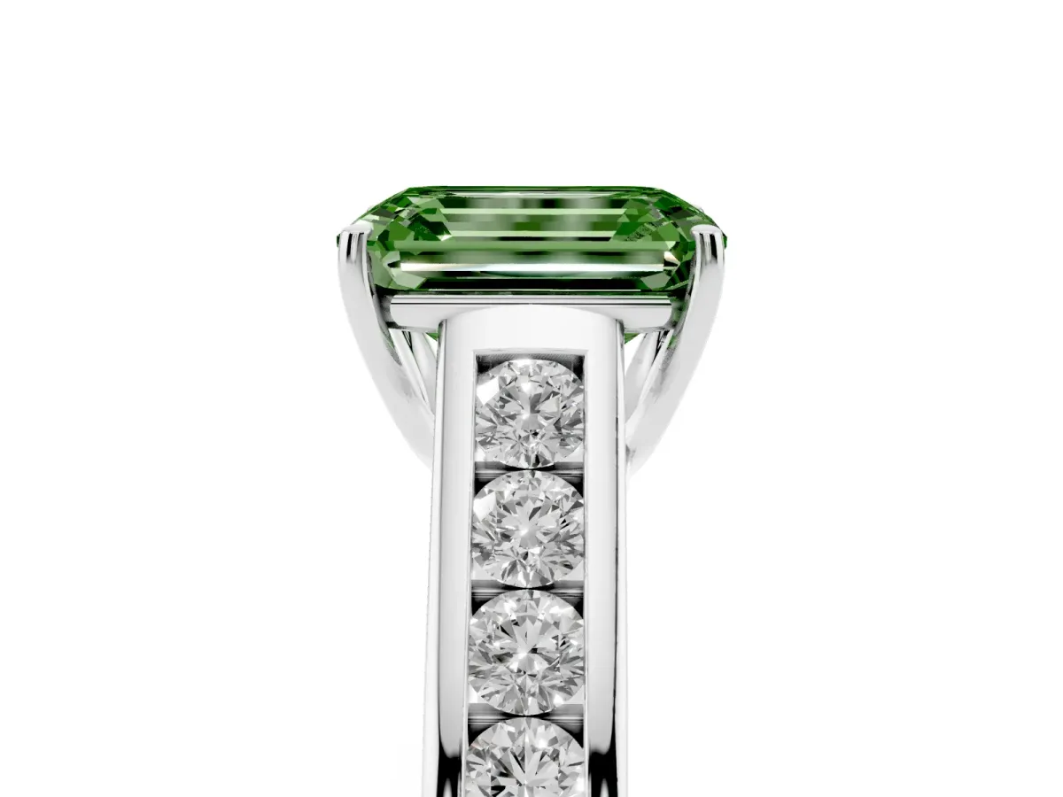 Fancy Green Emerald Cut Brilliant Channel-Set Solitaire Ring with Four-Prong Setting White gold