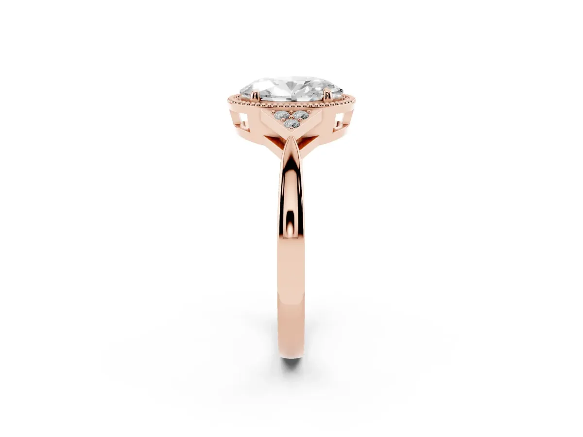 Hexagonal Halo Oval Cut Diamond Solitaire with Pavé Band and Four-Prong Setting Rose gold