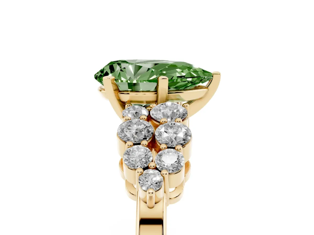 Fancy Green Pear Cut Cluster Diamond Engagement Ring with Pavé Band and Four-Prong Setting Yellow gold