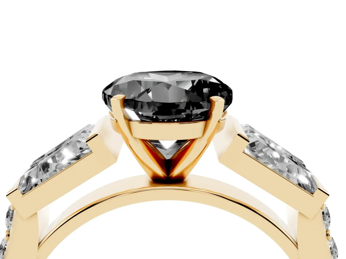 Fancy Black Round Cut Diamond Engagement Ring with Baguette Side Stones and Channel Set Band Yellow gold