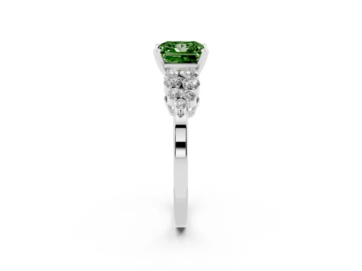 Fancy Green Princess Cut Cluster Diamond Engagement Ring with Pavé Band and Four-Prong Setting Platinum