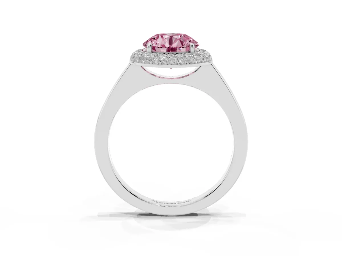 Fancy Pink Round Cut Halo Diamond Engagement Ring with Solitaire Band and Four-Prong Setting White gold