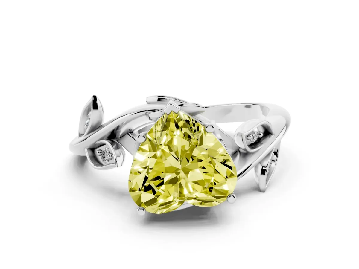 Fancy Yellow Heart Cut Solitaire Twist Engagement Ring with Leaf Accents and Prong Setting White gold