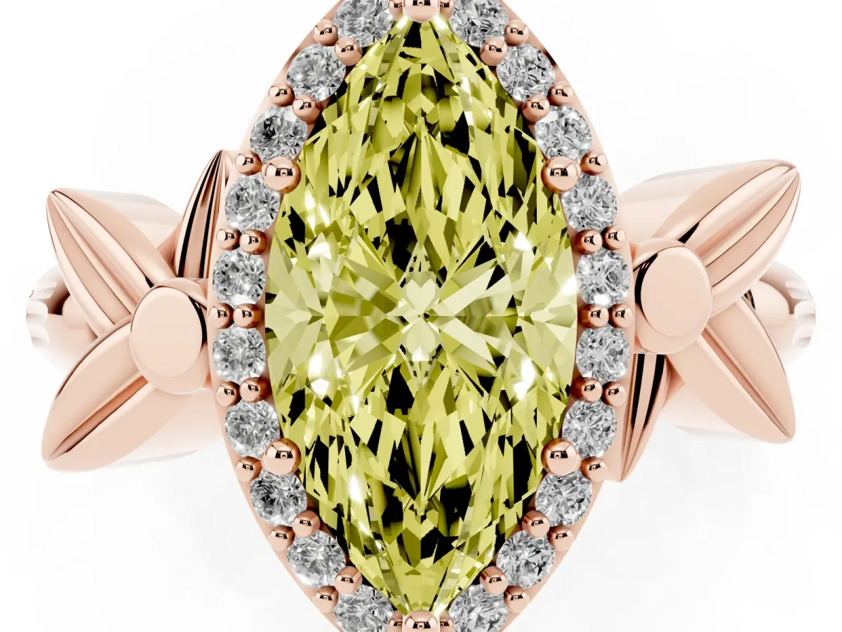 Fancy Yellow Marquise Cut Halo Diamond Floral Band with Four-Prong Setting Rose gold