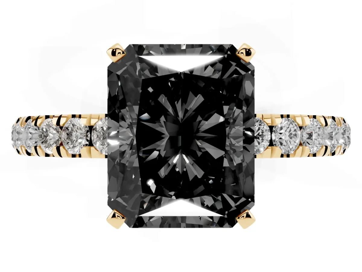 Fancy Black Radiant Cut Diamond Solitaire Ring with Pavé Accents and Four-Prong Setting Yellow gold