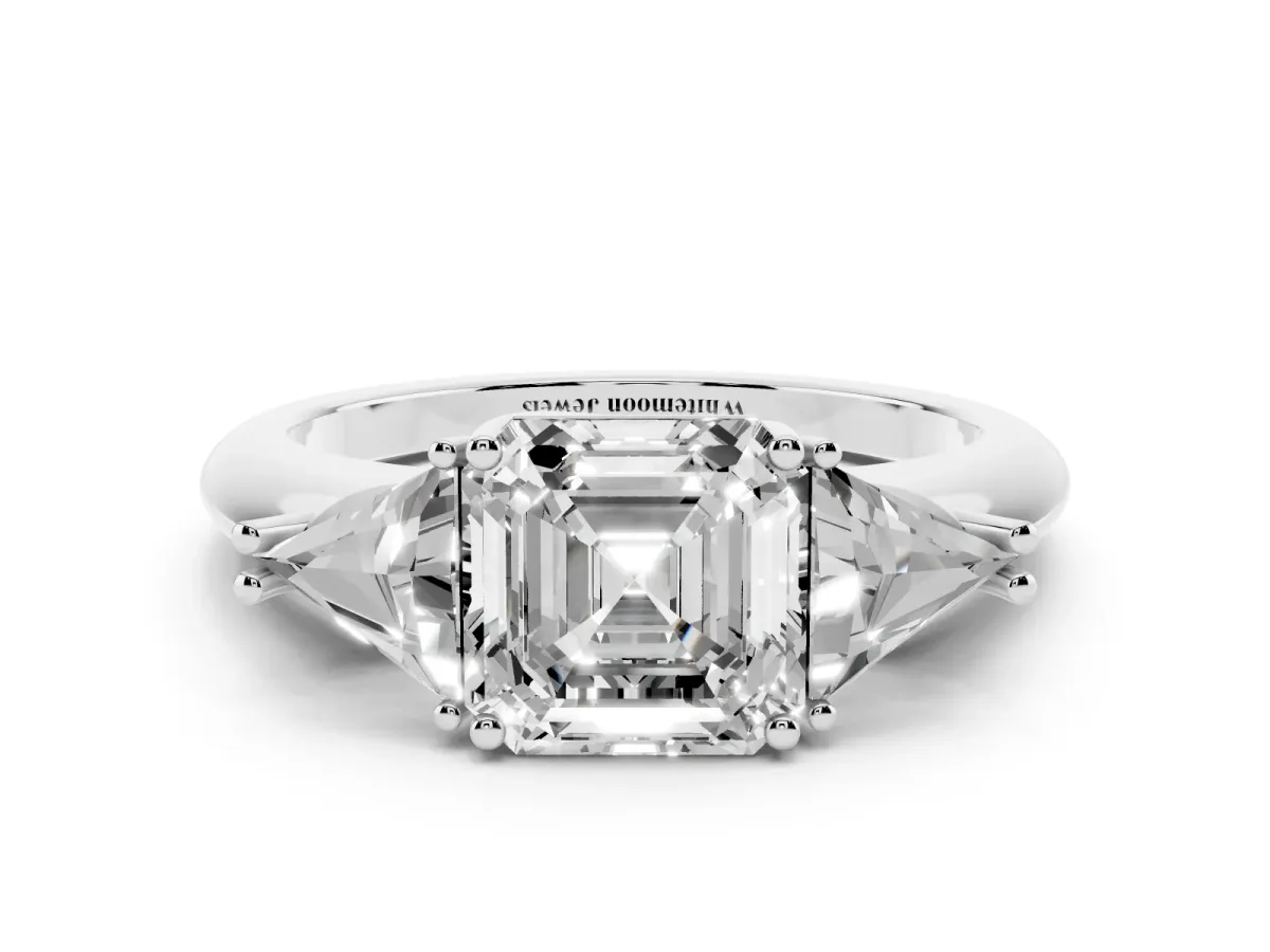 Three-Stone Asscher Cut Diamond Engagement Ring with Trillion Side Stones and Prong Setting Silver