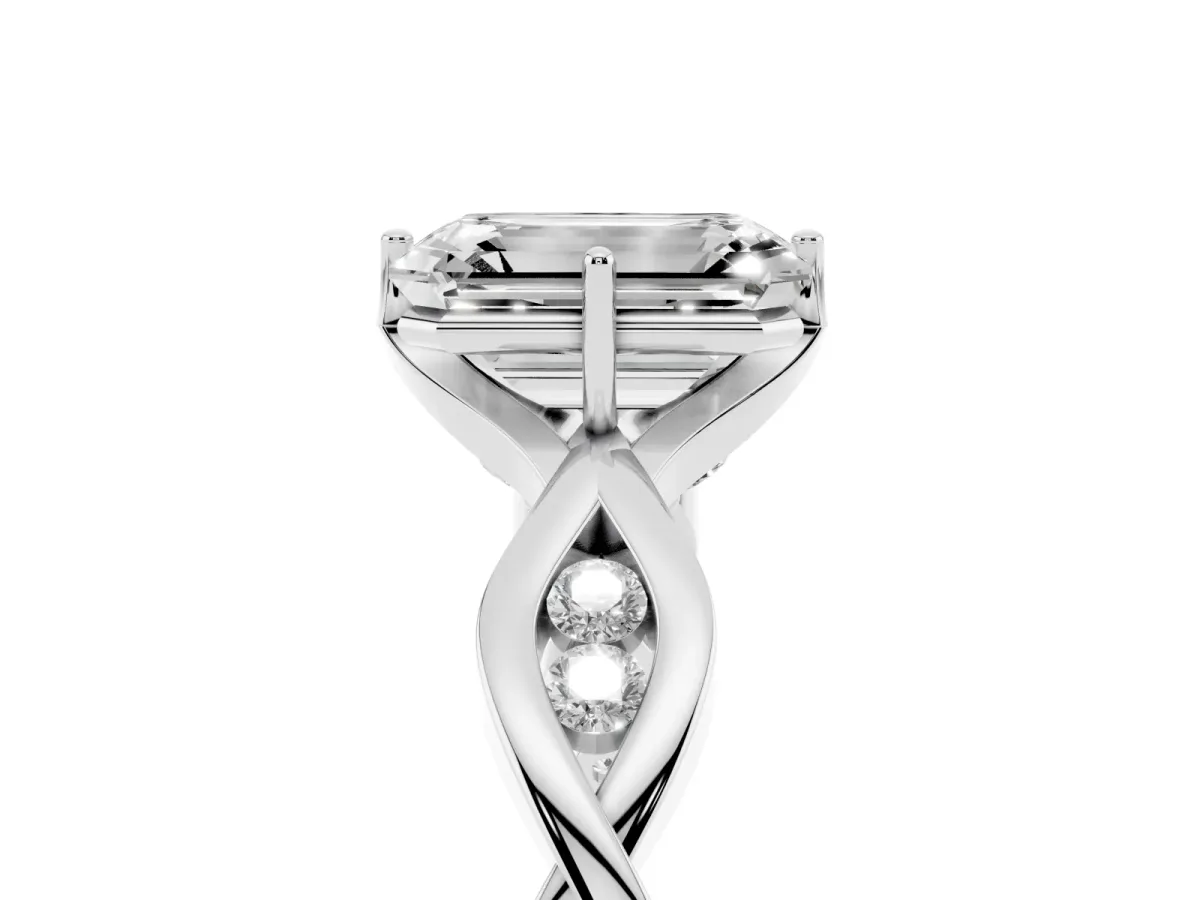 Emerald Cut Solitaire Twist Band with Leaf Prong Setting Silver
