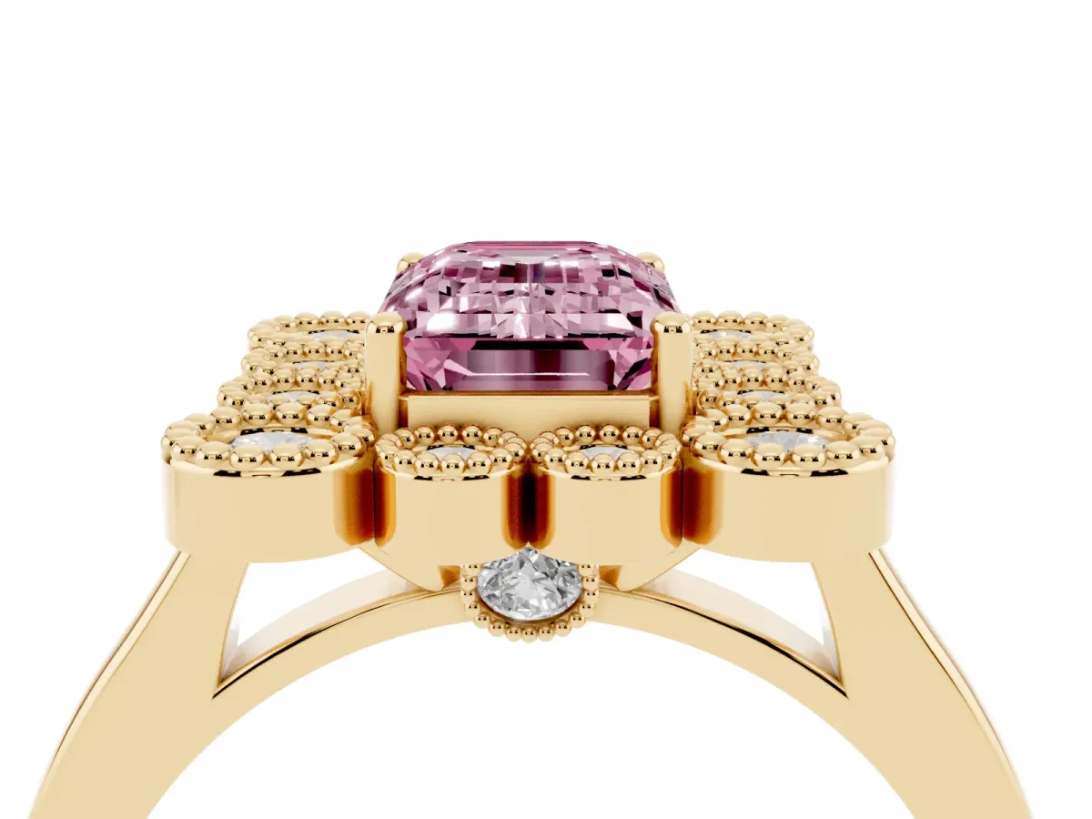 Fancy Pink Emerald Cut Halo Diamond Cluster Engagement Ring with Milgrain Bezel Setting and Solitaire Band Yellow gold
