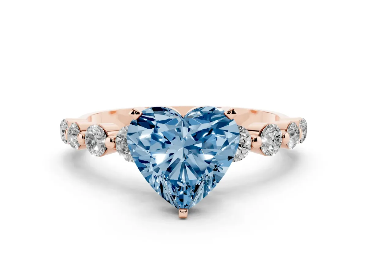 Fancy Blue Heart Cut Solitaire Diamond Ring with Pave Band and Four-Prong Setting Rose gold