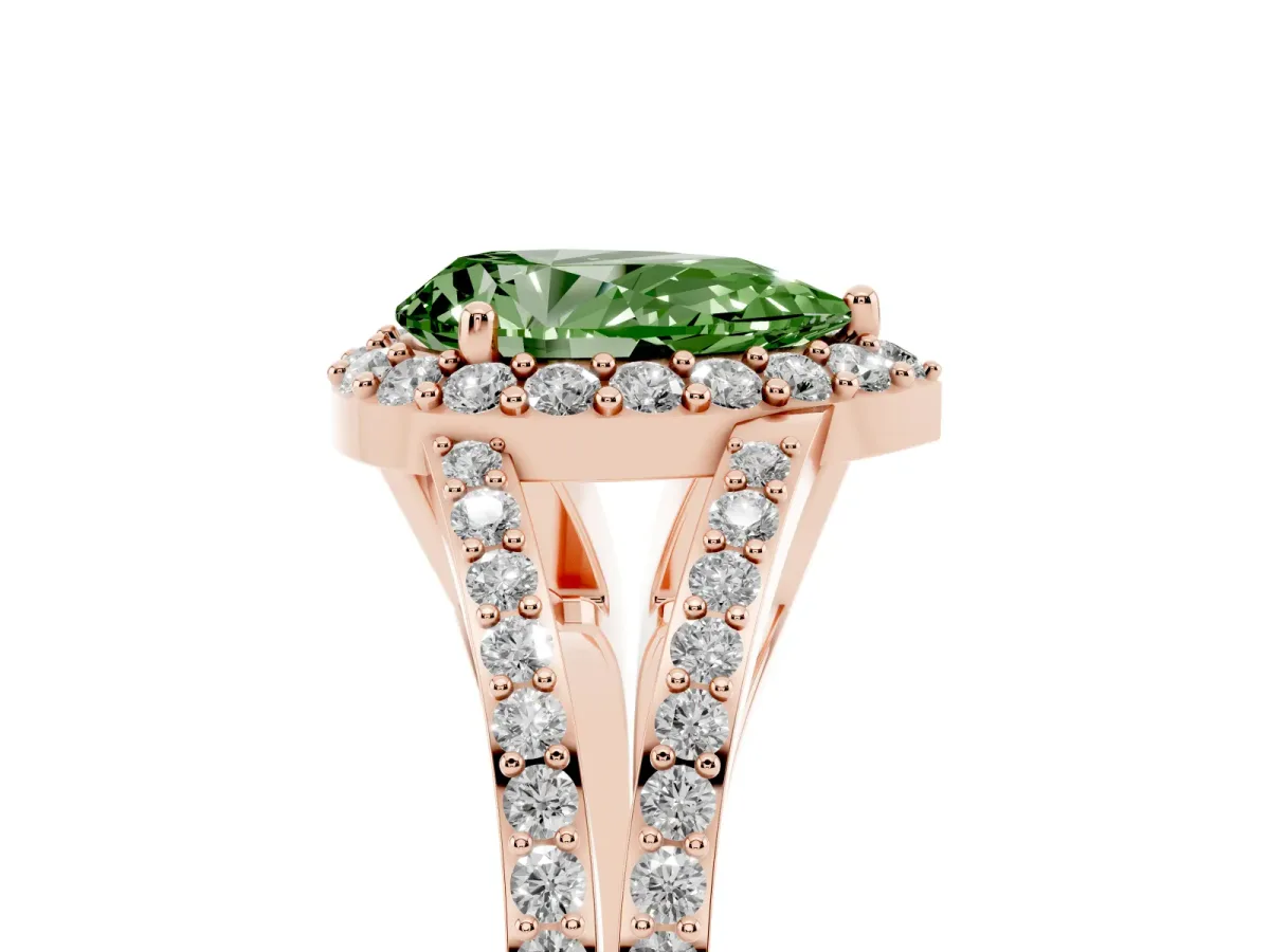 Fancy Green Pear Cut Halo Split Shank Pave Diamond Ring with Four-Prong Setting Rose gold