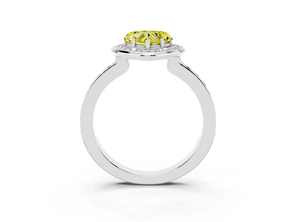Fancy Yellow Heart Cut Diamond Halo Ring with Bezel Frame and Pavé Band Silver